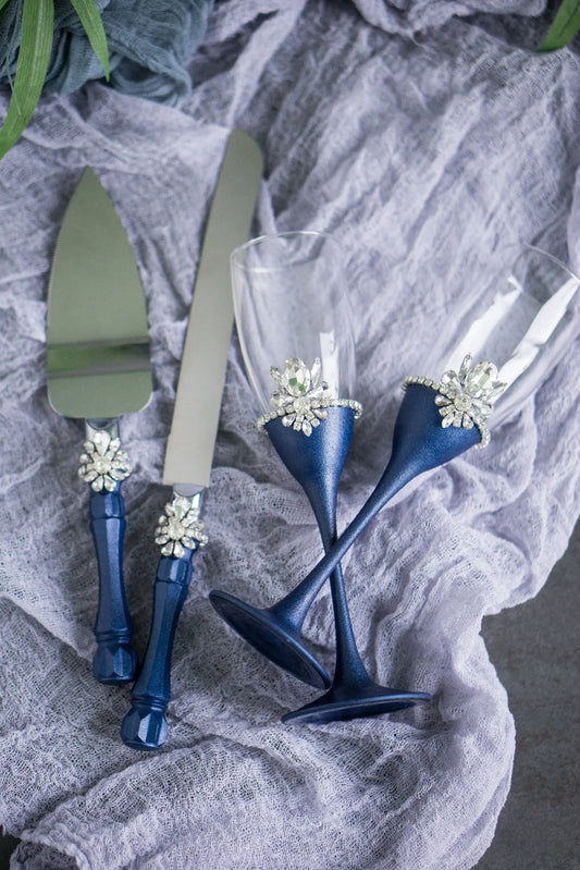 Navy blue wedding flutes and cake server set