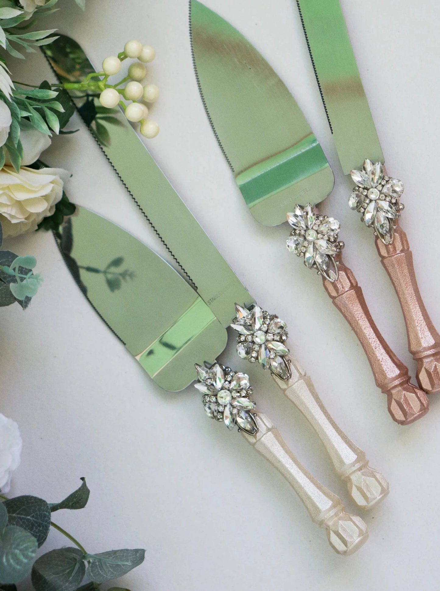 Custom Silver Crystals Wedding Cake Knife and Server Set