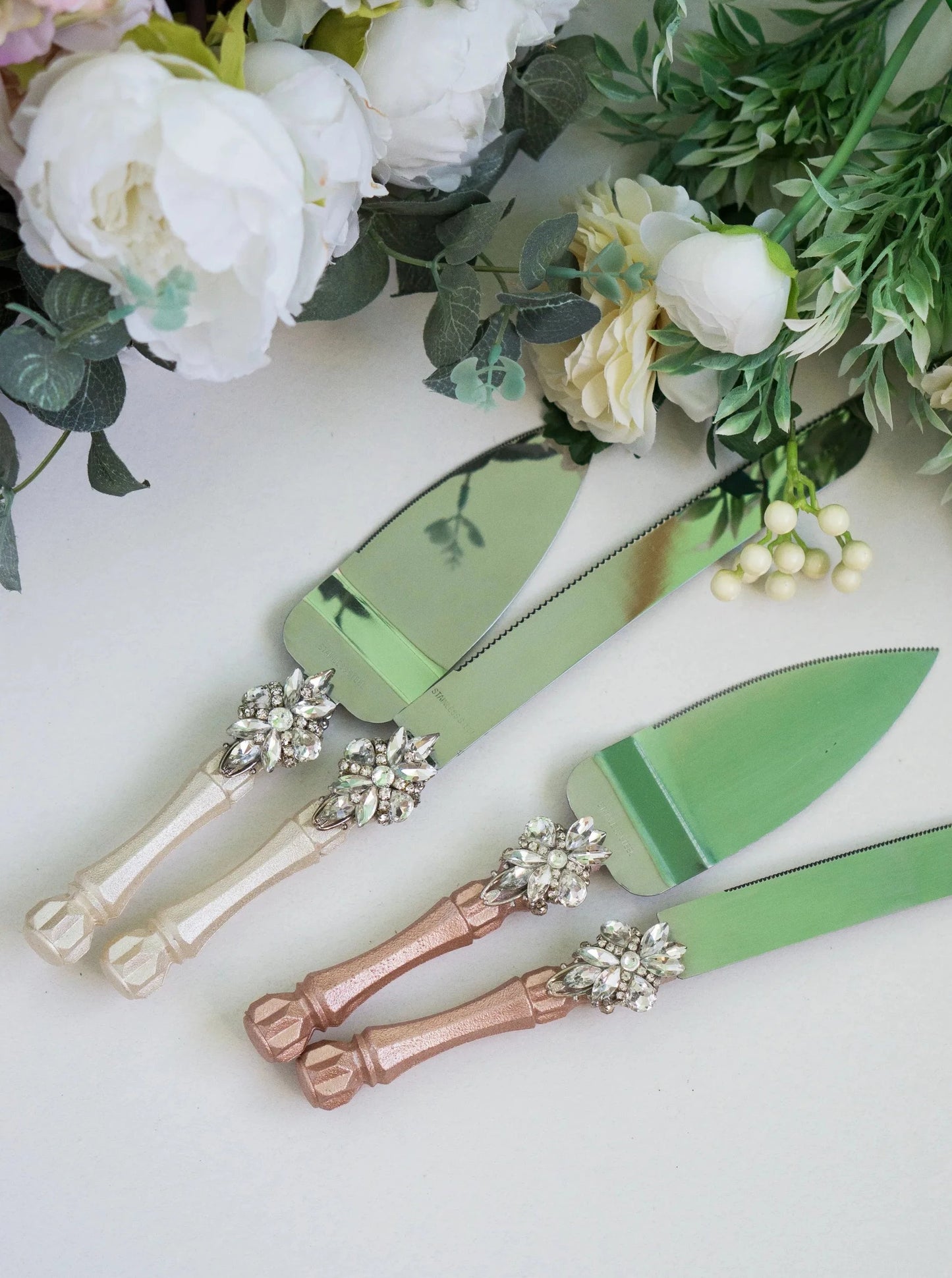 Custom Silver Crystals Wedding Cake Knife and Server Set