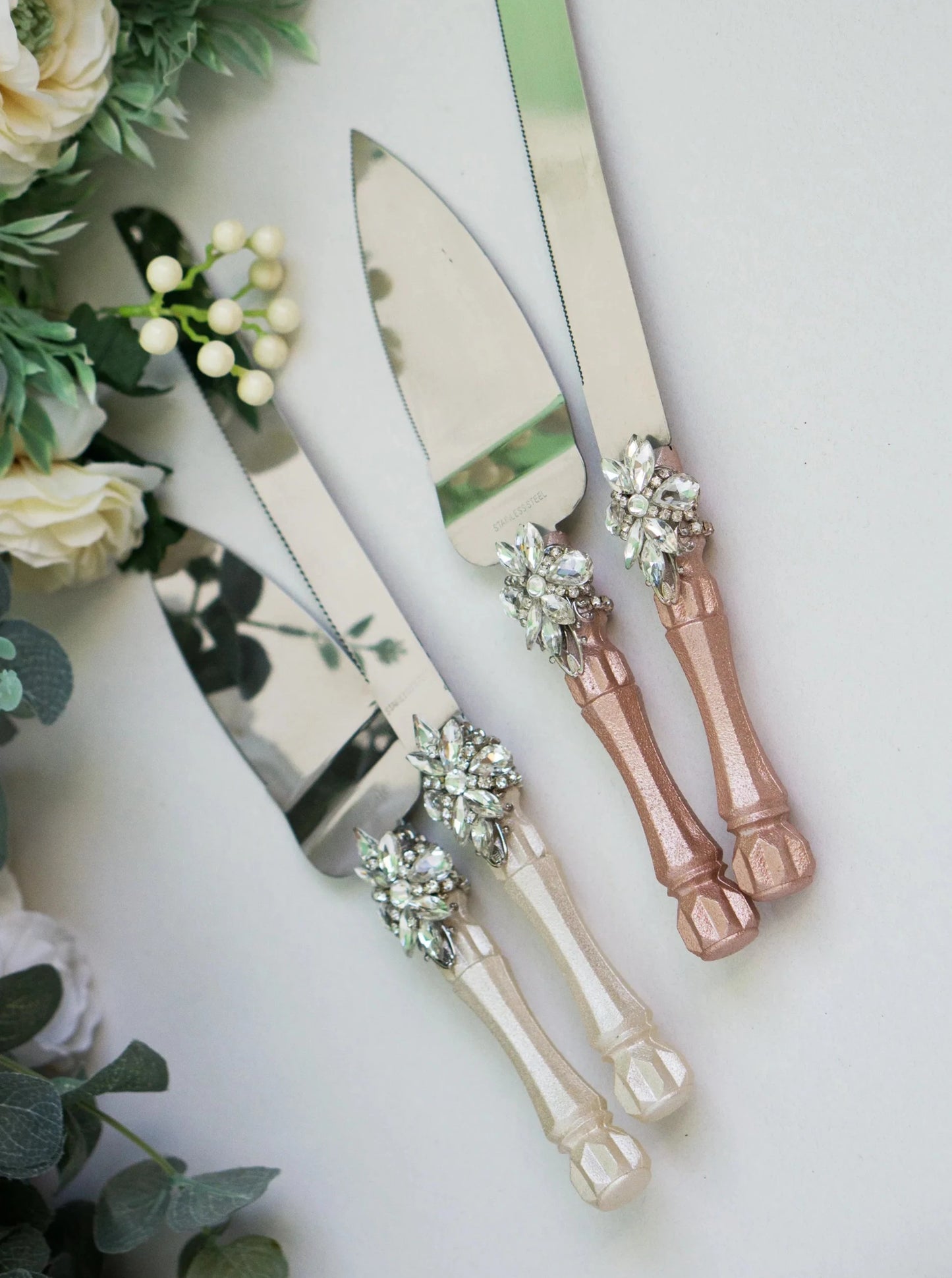 Custom Silver Crystals Wedding Cake Knife and Server Set