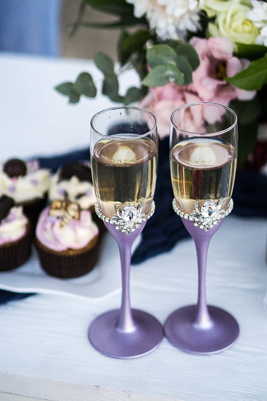 Lavender and silver wedding flutes
