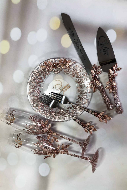 Beautiful Aurora-themed champagne flutes and cake server for weddings