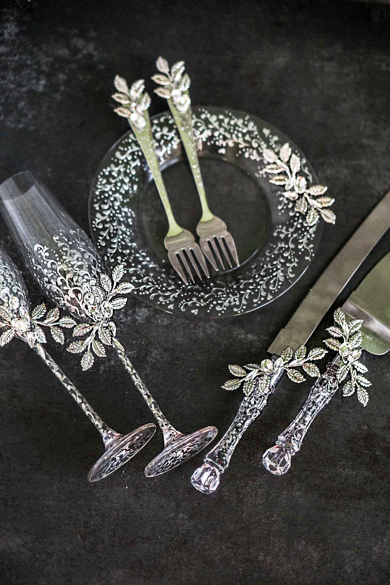 Silver Wedding Toasting Flutes Cake Serving Sets, Plate Forks