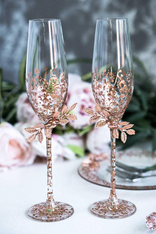 Ornate Rose Gold Wedding Flutes Set