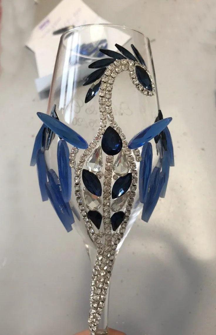 Azure Allure: Engraved Dragon Champagne Glass - Mystic Crystal Stemware with Radiant Blue Wings and Navy Crystals.