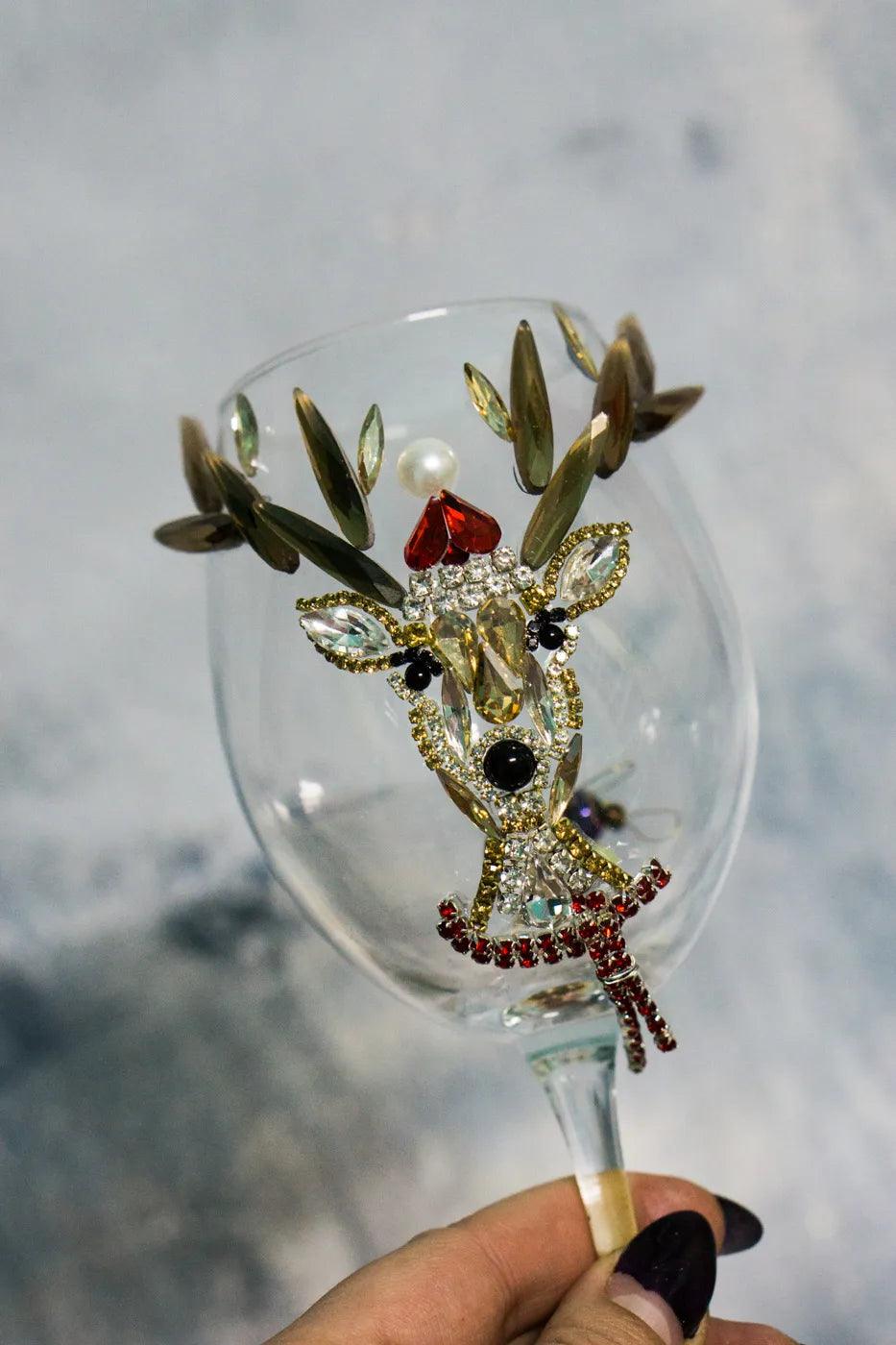 Crystal Christmas Deer Wine Glass with Golden Horns