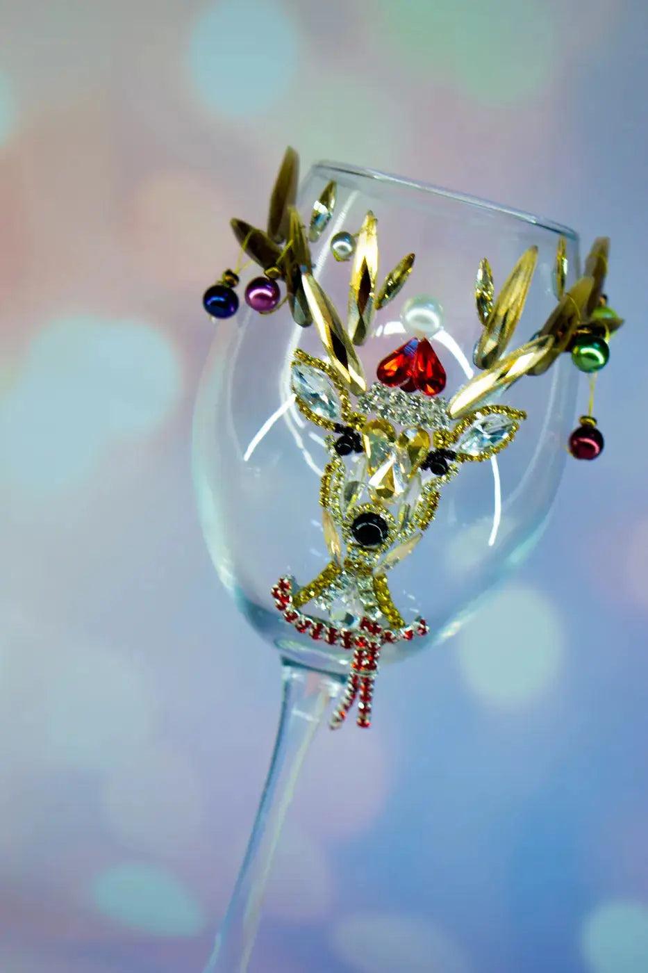 Crystal Christmas Deer Wine Glass with Golden Horns