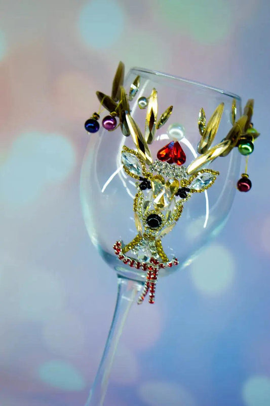 Crystal Christmas Deer Wine Glass with Golden Horns