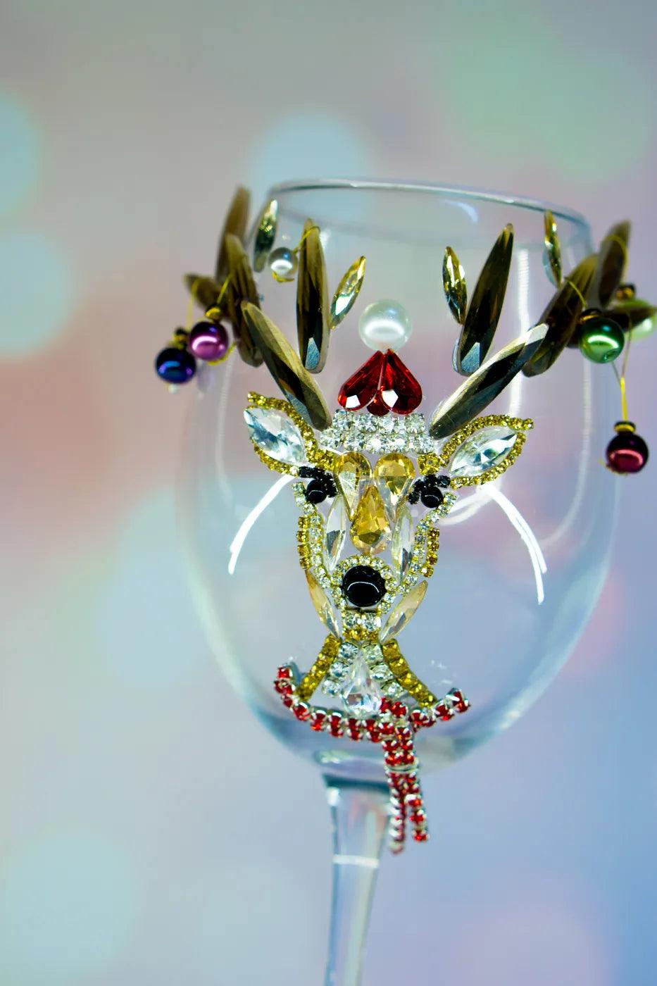Crystal Christmas Deer Wine Glass with Golden Horns
