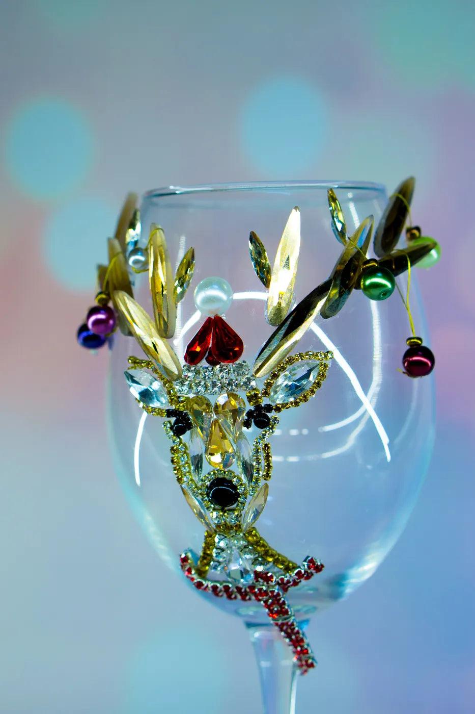 Crystal Christmas Deer Wine Glass with Golden Horns