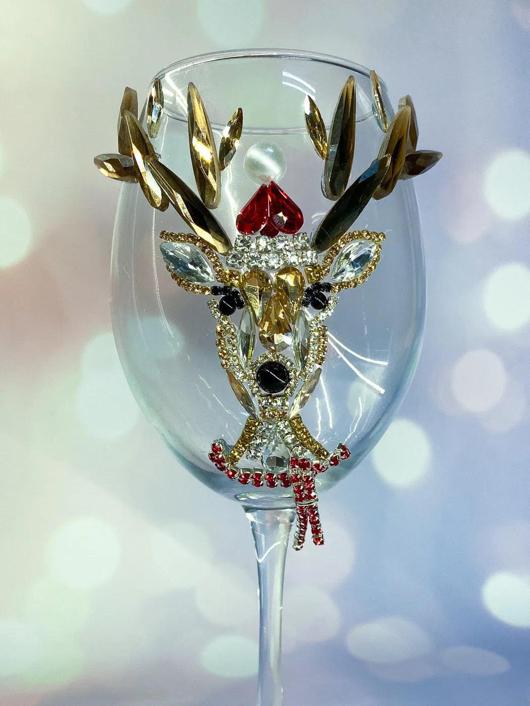 Crystal Christmas Deer Wine Glass with Golden Horns