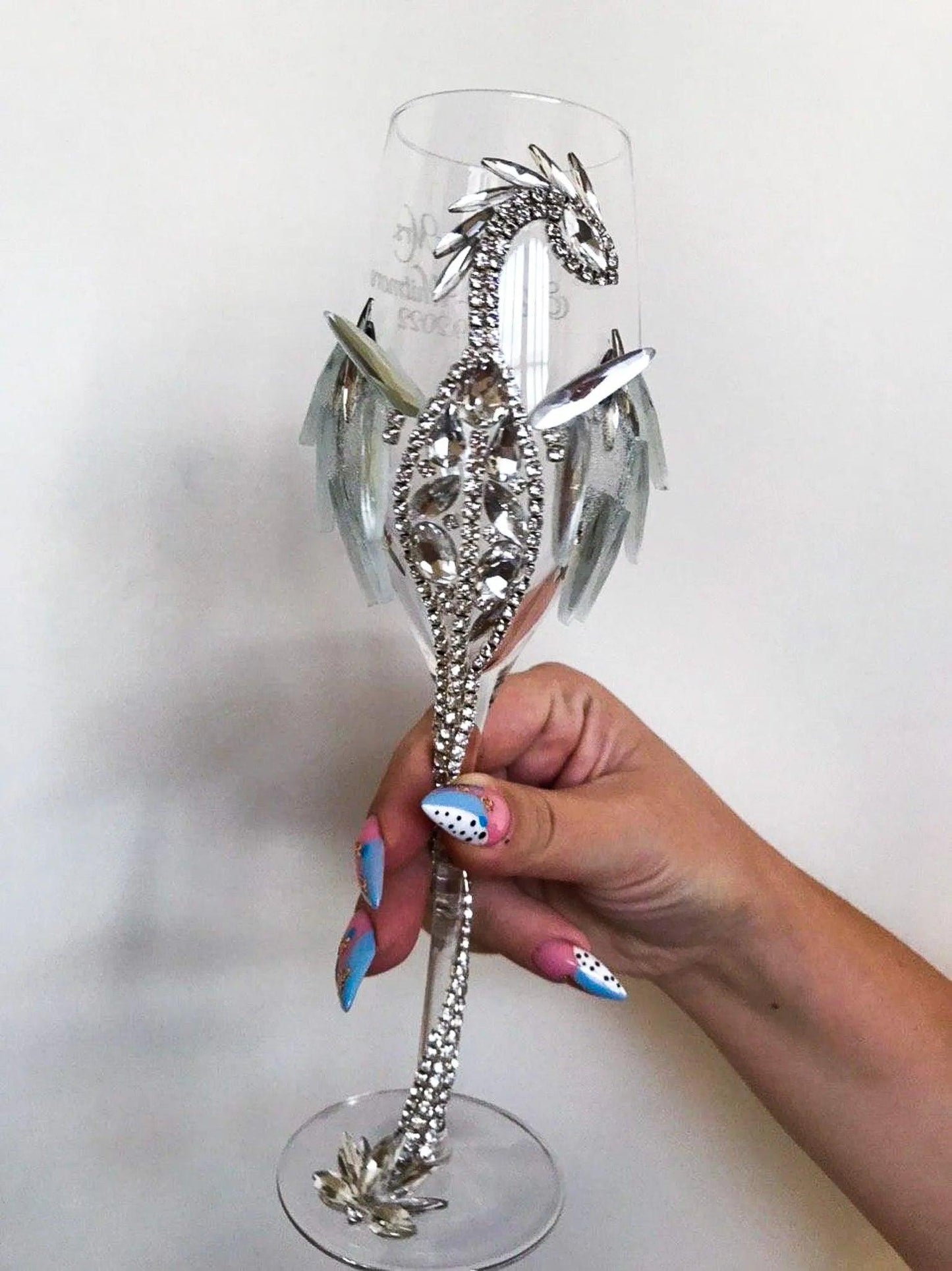 Diamond Dazzle Crystal Dragon's Whisper Glass: Handcrafted Elegance with Silver Dragon Detail