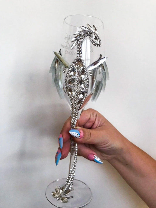Diamond Dazzle Crystal Dragon's Whisper Glass: Handcrafted Elegance with Silver Dragon Detail