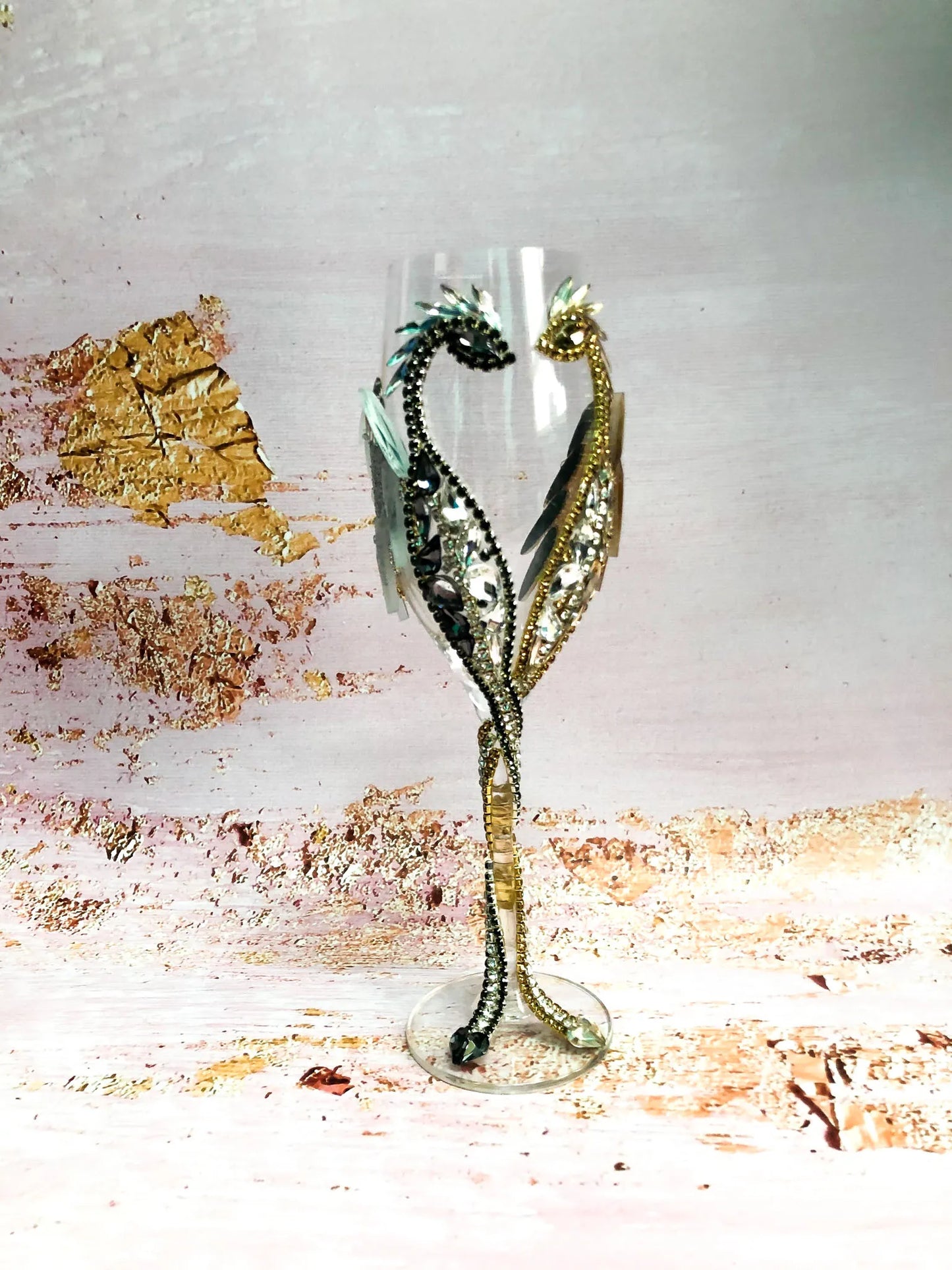 Exquisite Twin Dragon Champagne Flute by DiAmoreDS: Gold and Silver Accents