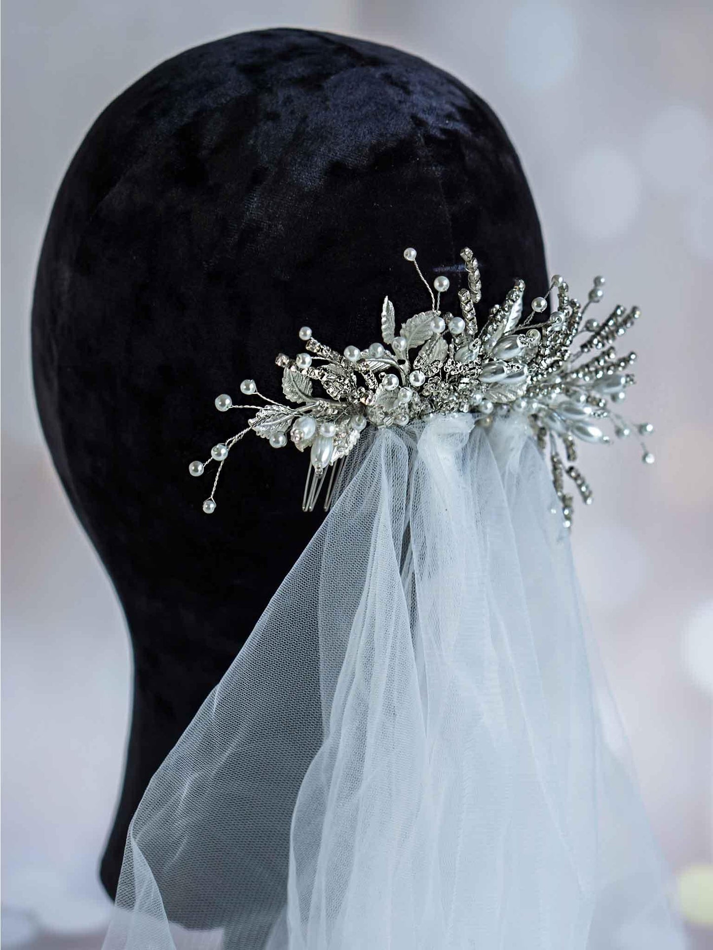 Wedding Comb Hair Piece with Stunning Silver Rhinestones and Pearls | DiAmoreDS - Collection Meadow Symphony
