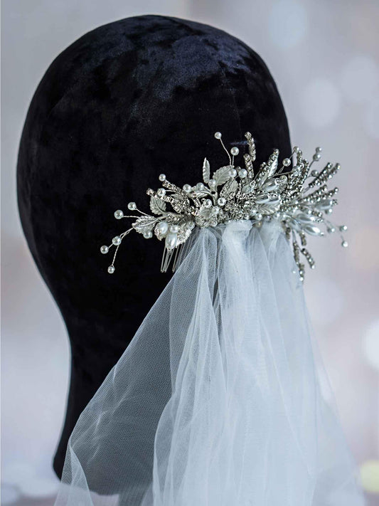 Wedding Comb Hair Piece with Stunning Silver Rhinestones and Pearls | DiAmoreDS - Collection Meadow Symphony