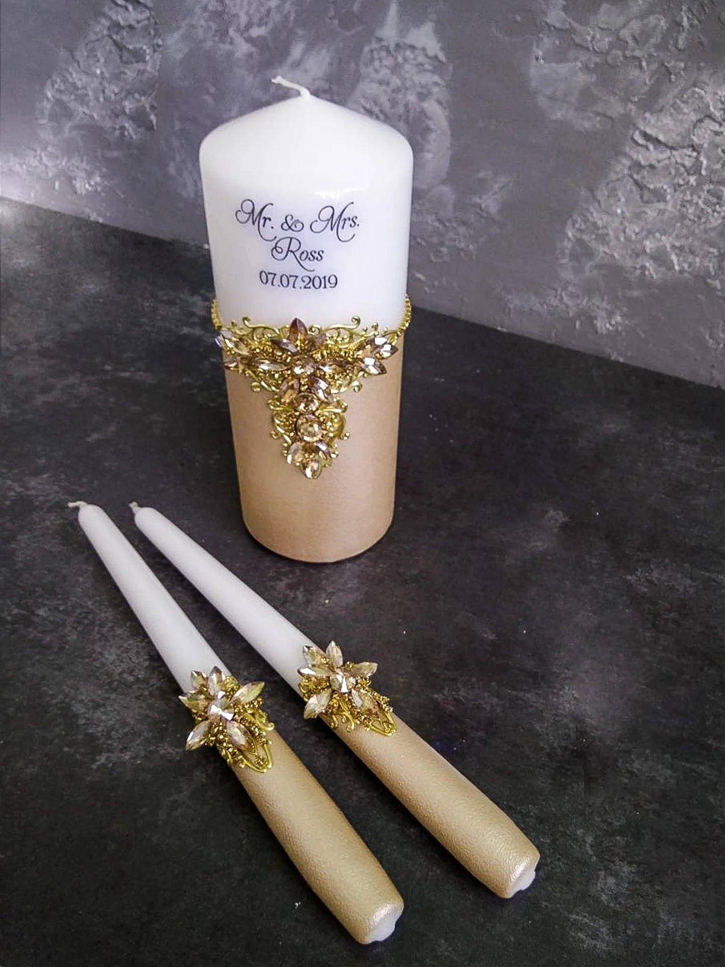 Gloria Gold Crystal Unity Candles - Personalized Elegance