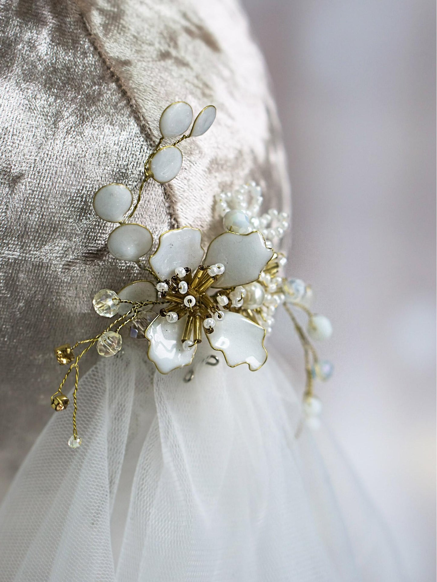 Gold hair pin with small beaded flowers and Czech crystal beads