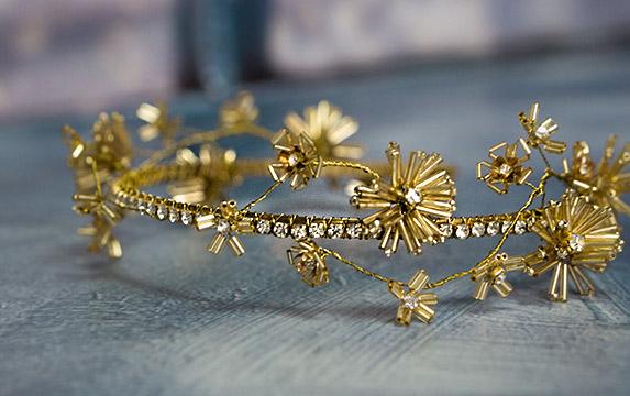 Golden headband with dainty flowers and crystal embellishments
