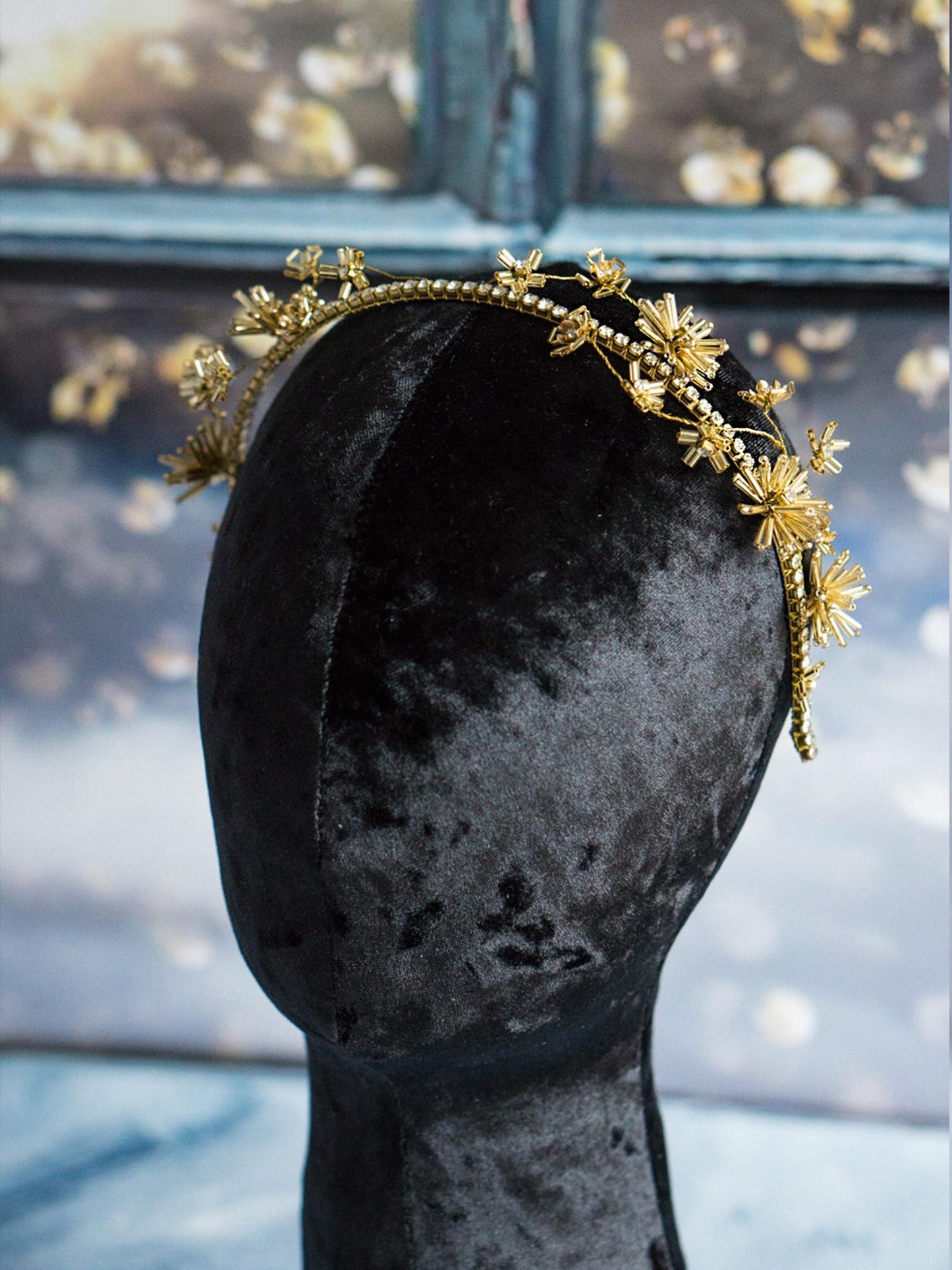 Romantic bridal headband with gold band and crystal flowers