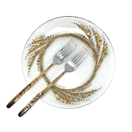 Elegant wedding cake plate and fork set with gold accents