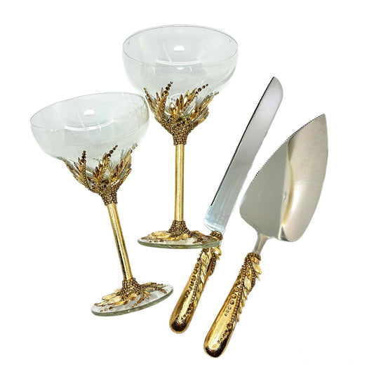 Elegant Wedding Martini Glasses and Cake Cutting Set from Golden Hypnosis