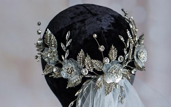 Elegant sparkling hair vine with silver flowers and crystals