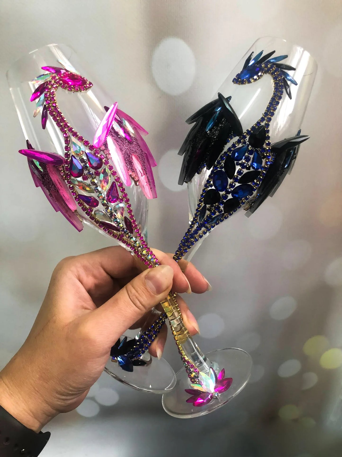 Stellar Sapphire: Rhinestone Dragon Champagne Flute