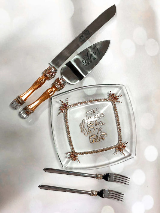 Elegant rose gold cake knife and server set