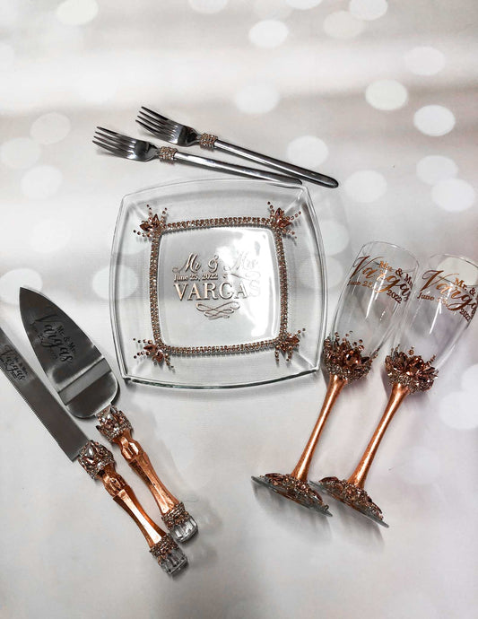 Victoria Rose Gold wedding glassware and serving ensemble