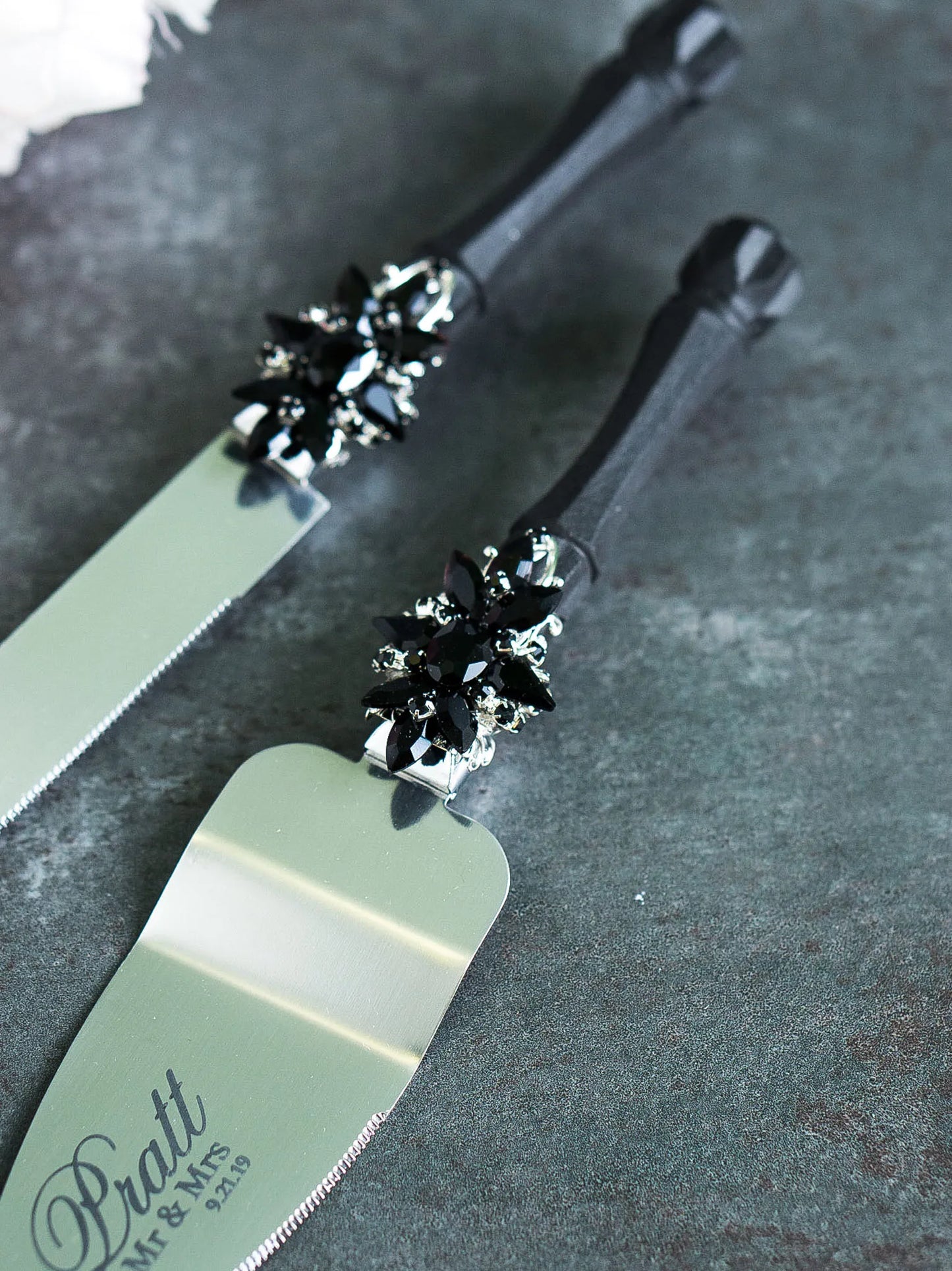 Black Crystals Gothic Themed Wedding Champagne Glasses and Cake Cutting Set