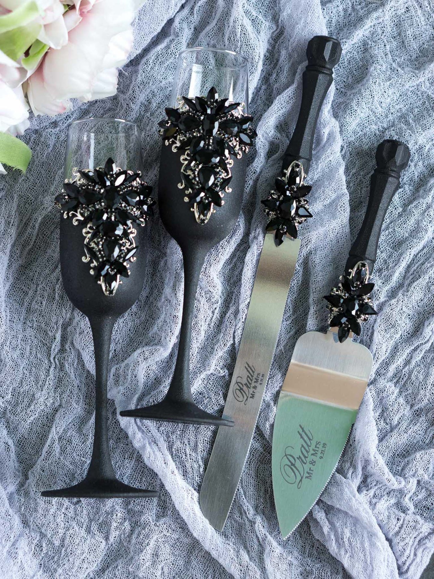 Black Crystals Gothic Themed Wedding Champagne Glasses and Cake Cutting Set
