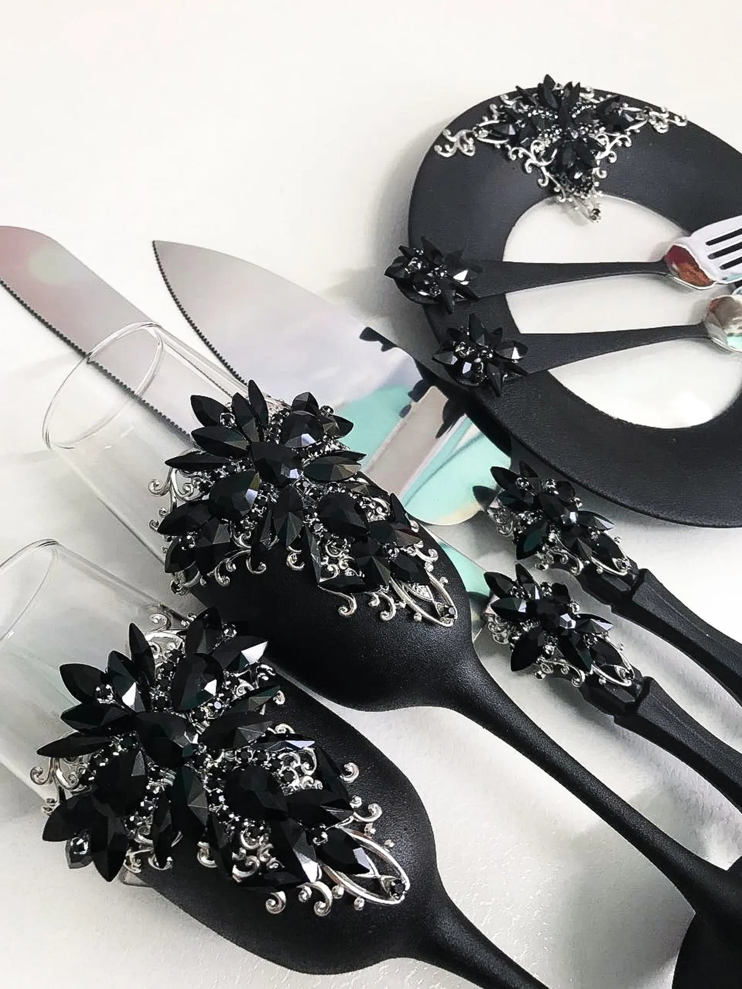 Gloria Gothic Black and Silver Personalized Wedding Toast Champagne Flutes for the Darkly Enchanted Bride and Groom