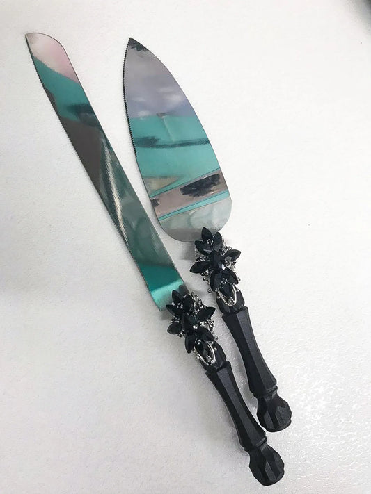 Gothic black and silver cake knife and server set