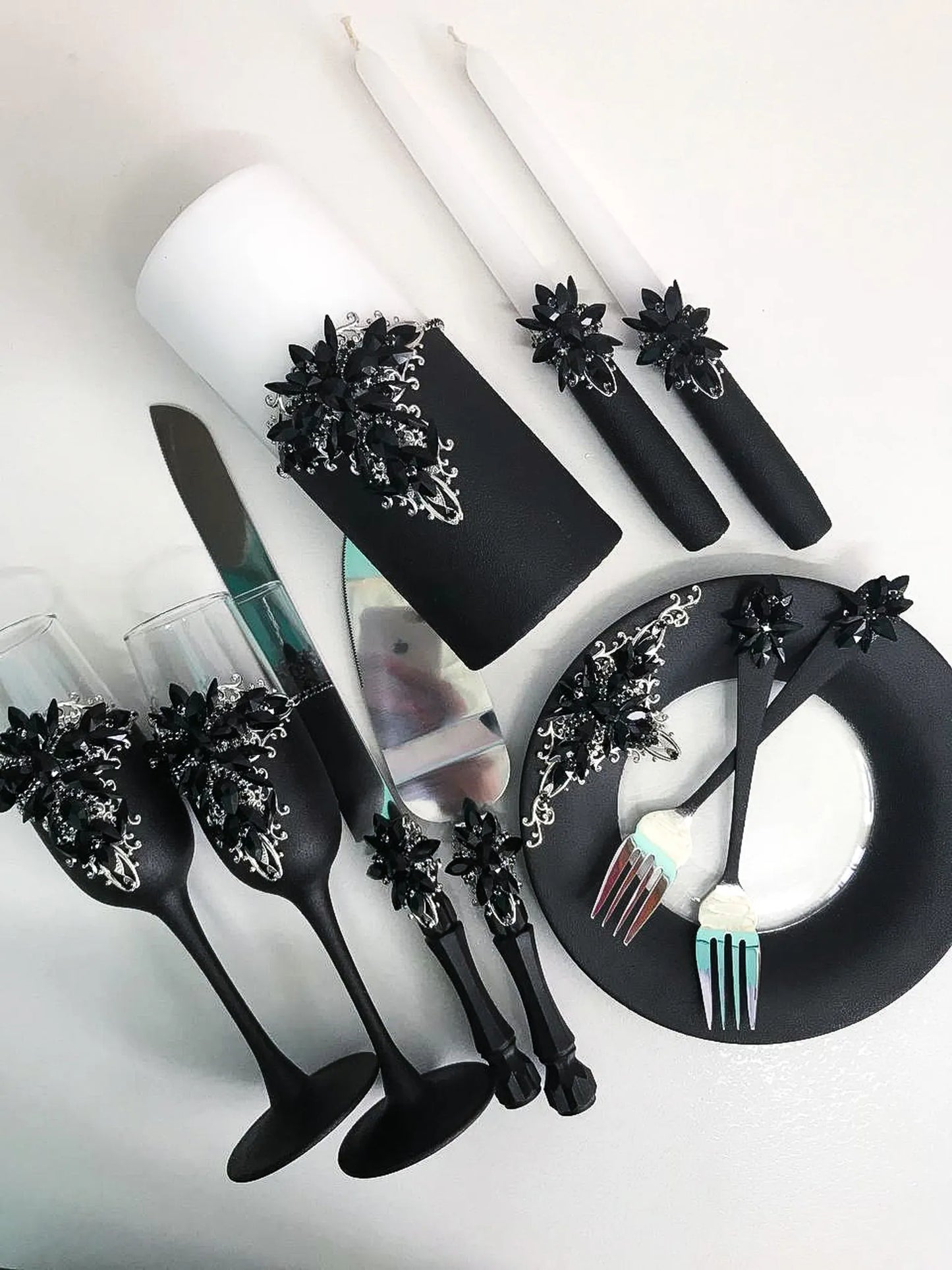 Gloria Gothic Black and Silver Personalized Wedding Toast Champagne Flutes for the Darkly Enchanted Bride and Groom