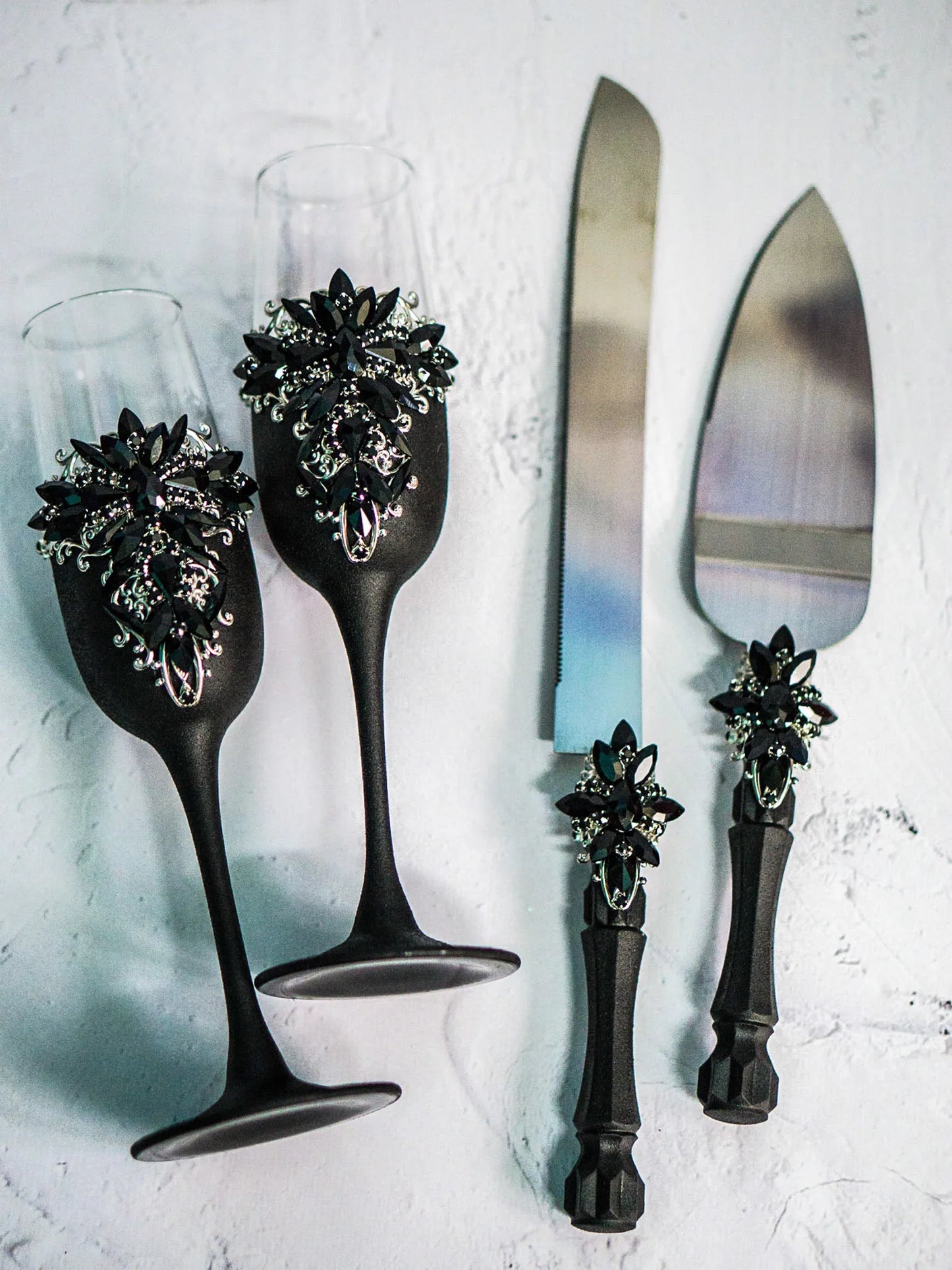 Gloria Gothic Black and Silver Personalized Wedding Toast Champagne Flutes for the Darkly Enchanted Bride and Groom