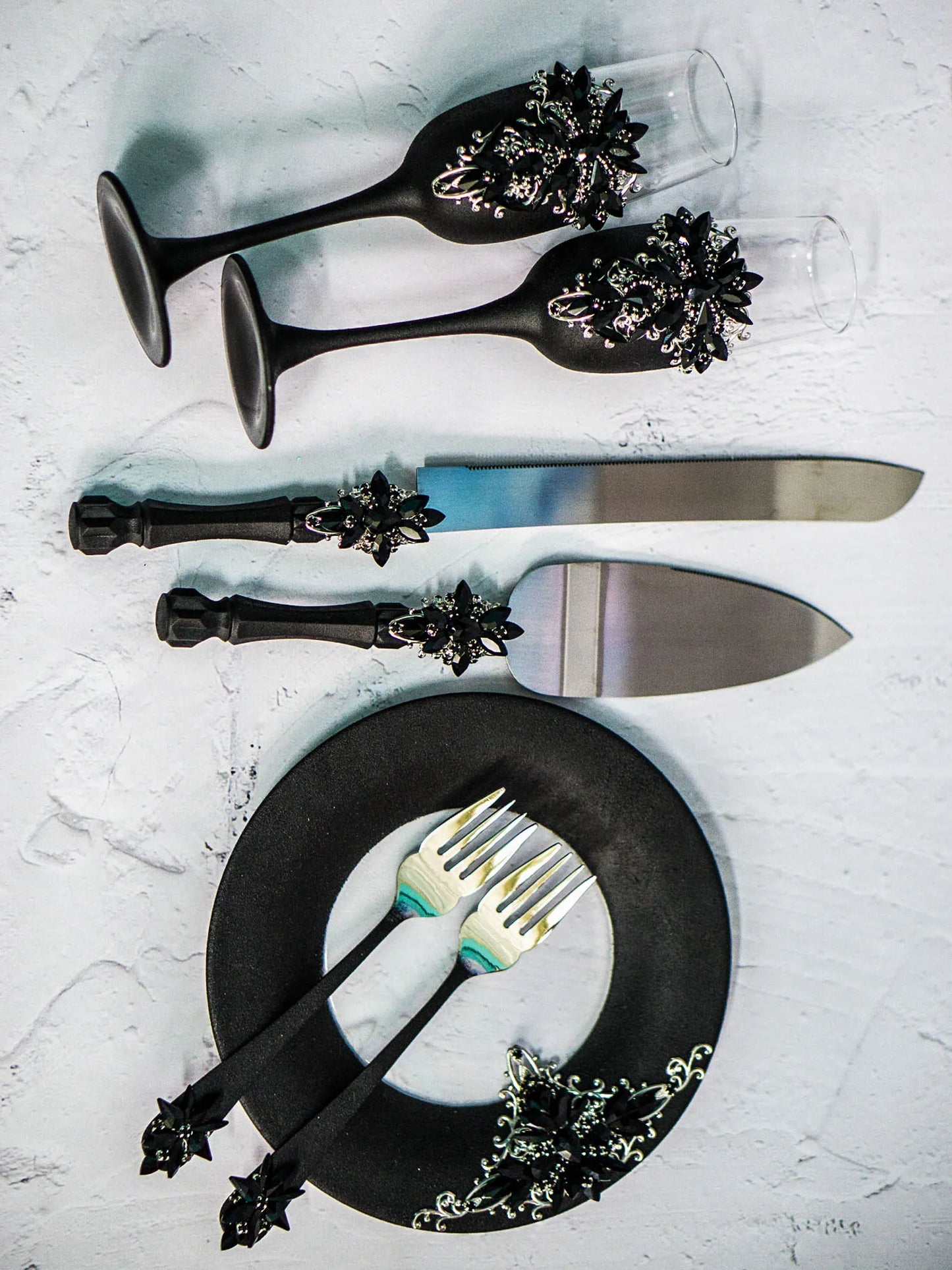 Elegant Gothic Black Crystals Wedding Cake Plate and Fork Set - Gloria Collection