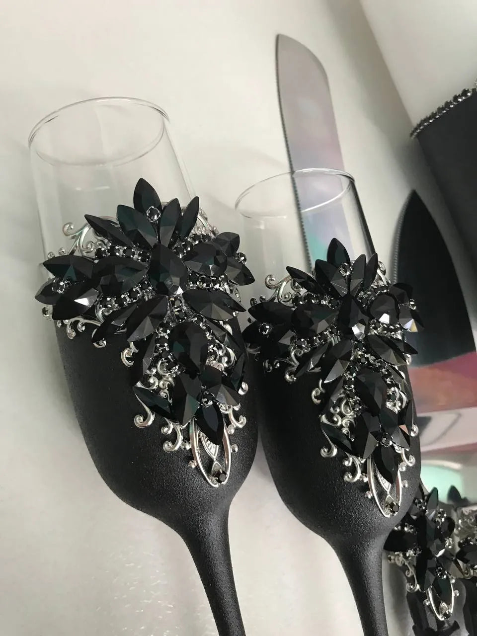Black Crystals Gothic Themed Wedding Champagne Glasses and Cake Cutting Set