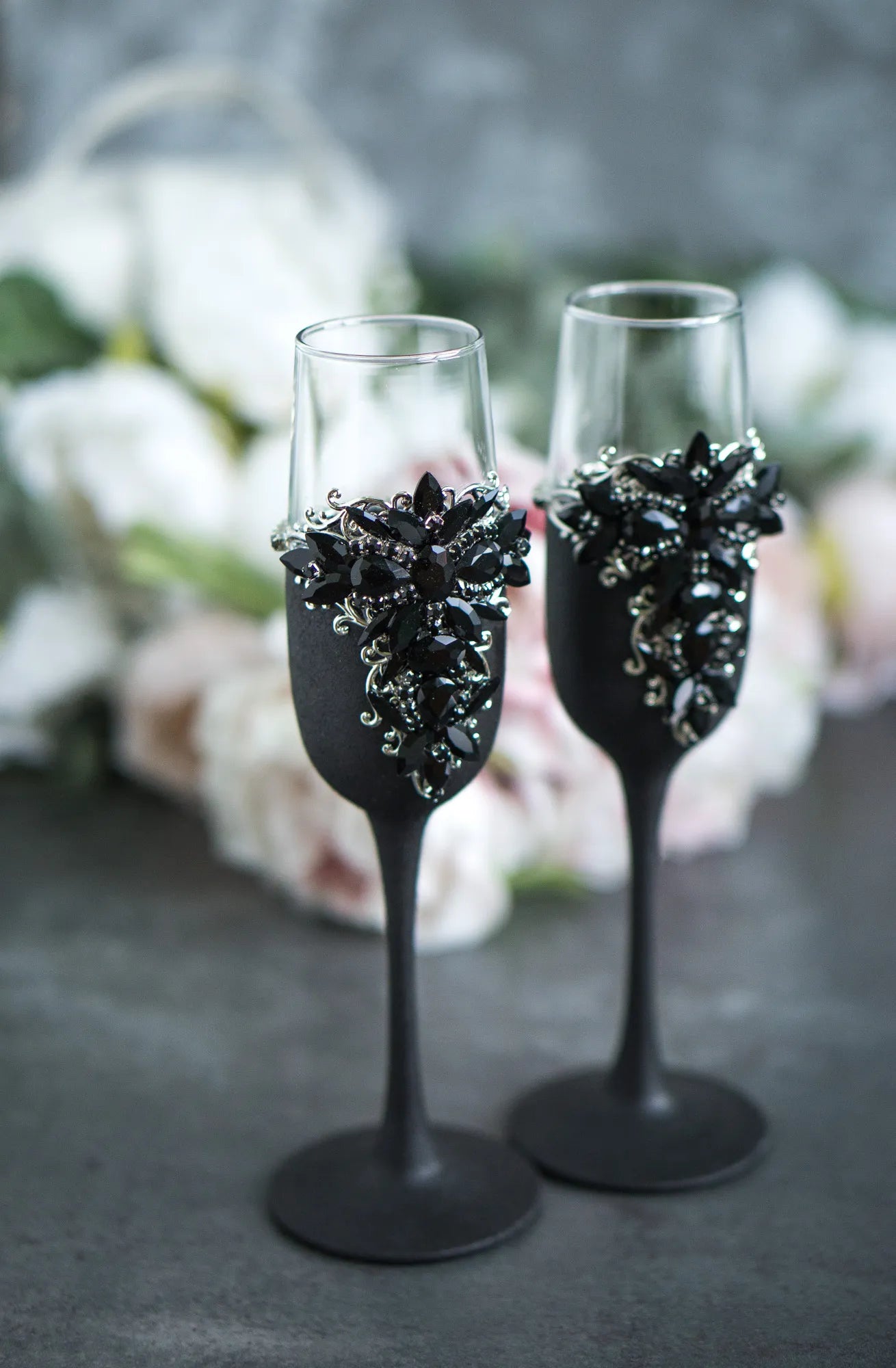 Black Crystals Gothic Themed Wedding Champagne Glasses and Cake Cutting Set