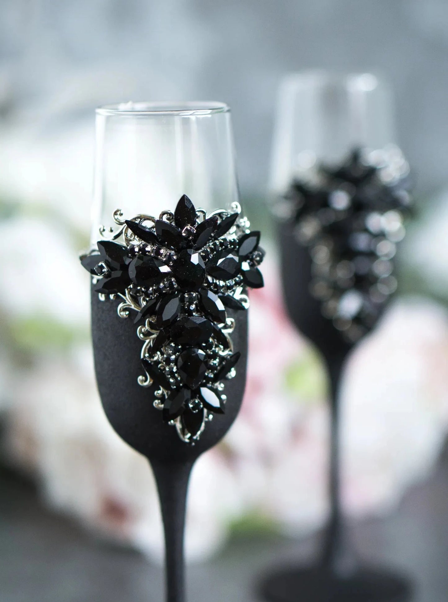 Gloria Gothic Black and Silver Personalized Wedding Toast Champagne Flutes for the Darkly Enchanted Bride and Groom