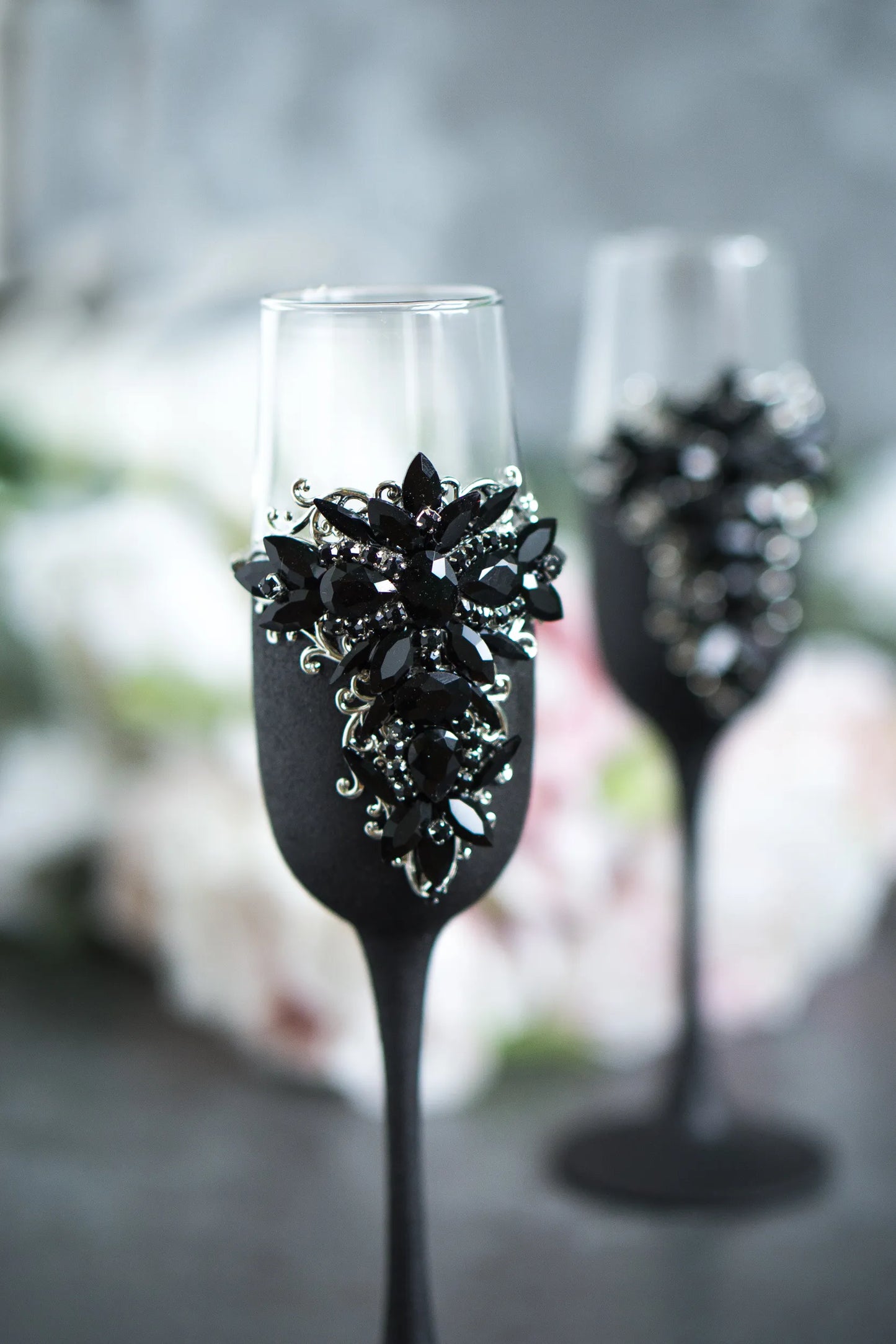 Black Crystals Gothic Themed Wedding Champagne Glasses and Cake Cutting Set