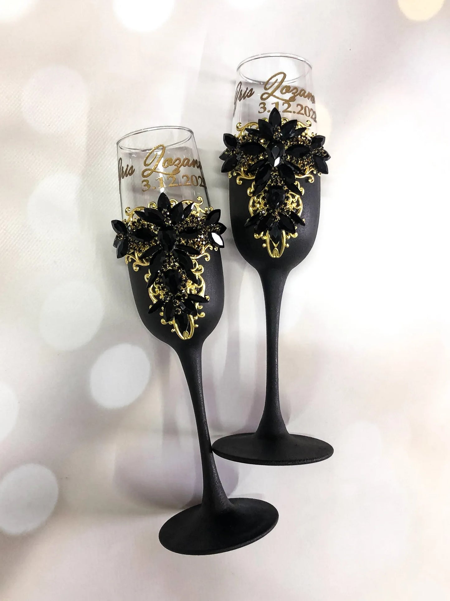 Gloria Gothic Black and Silver Personalized Wedding Toast Champagne Flutes for the Darkly Enchanted Bride and Groom