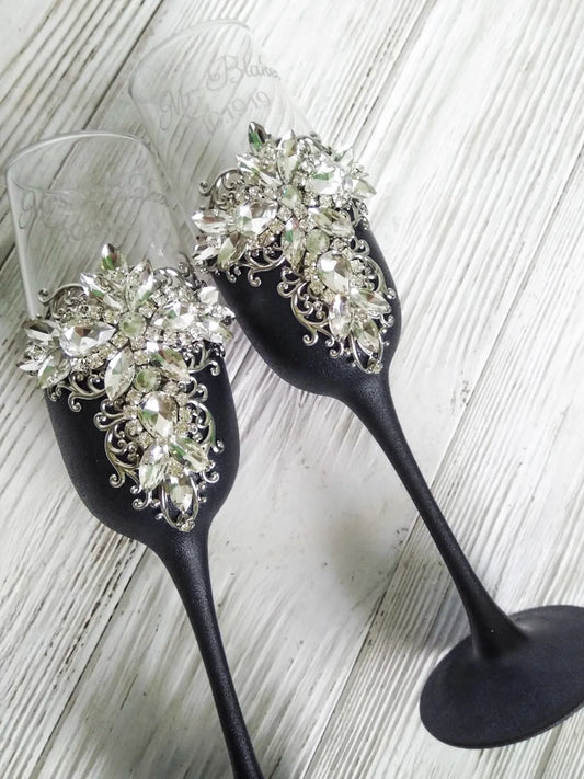 Gothic champagne flutes with black and silver crystal accents
