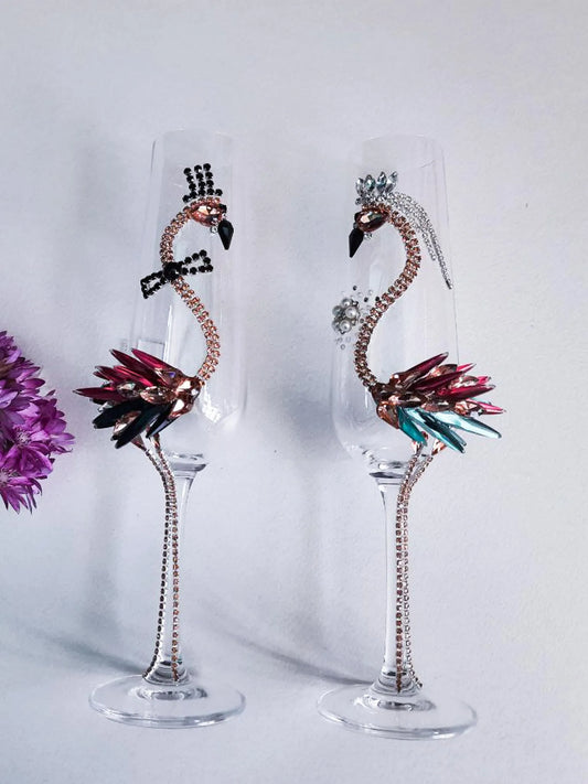 Wedding glassware with festive flamingos