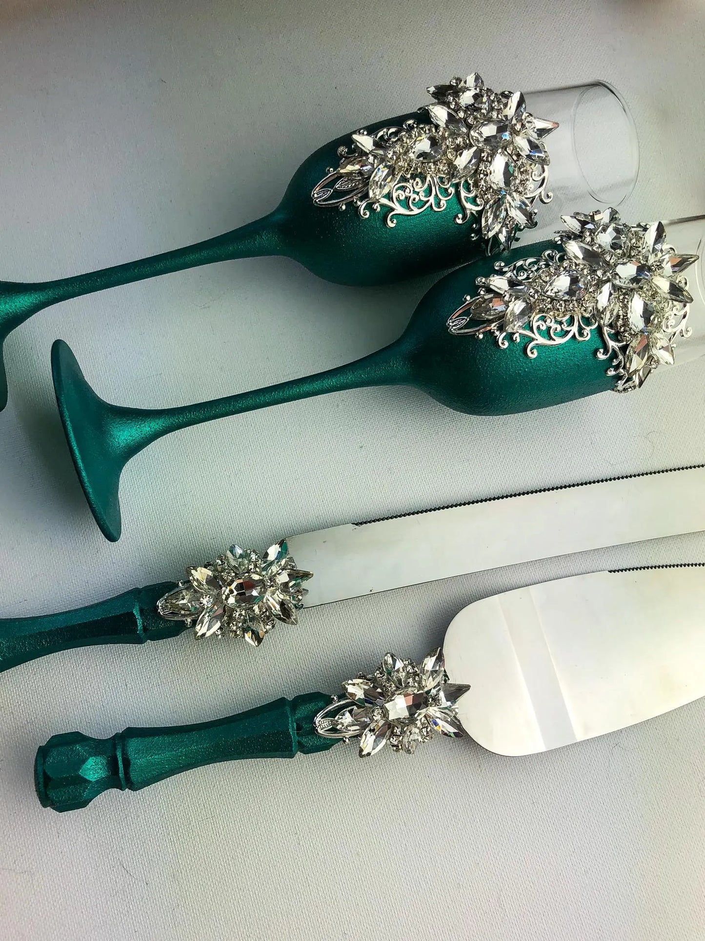 Personalized Emerald and Silver Crystals Bride and Groom Unity Candles - Gloria Collection