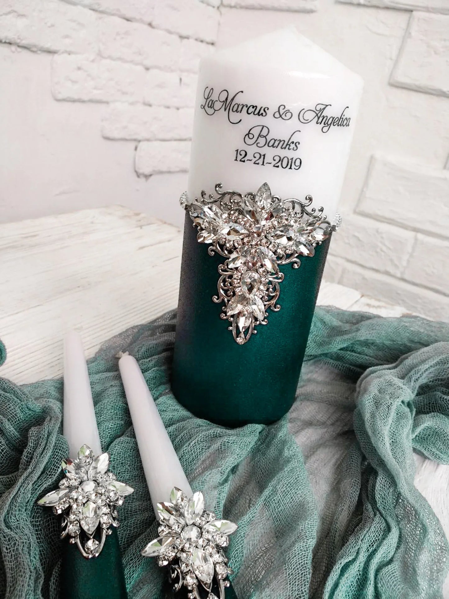 Personalized Emerald and Silver Crystals Bride and Groom Unity Candles - Gloria Collection