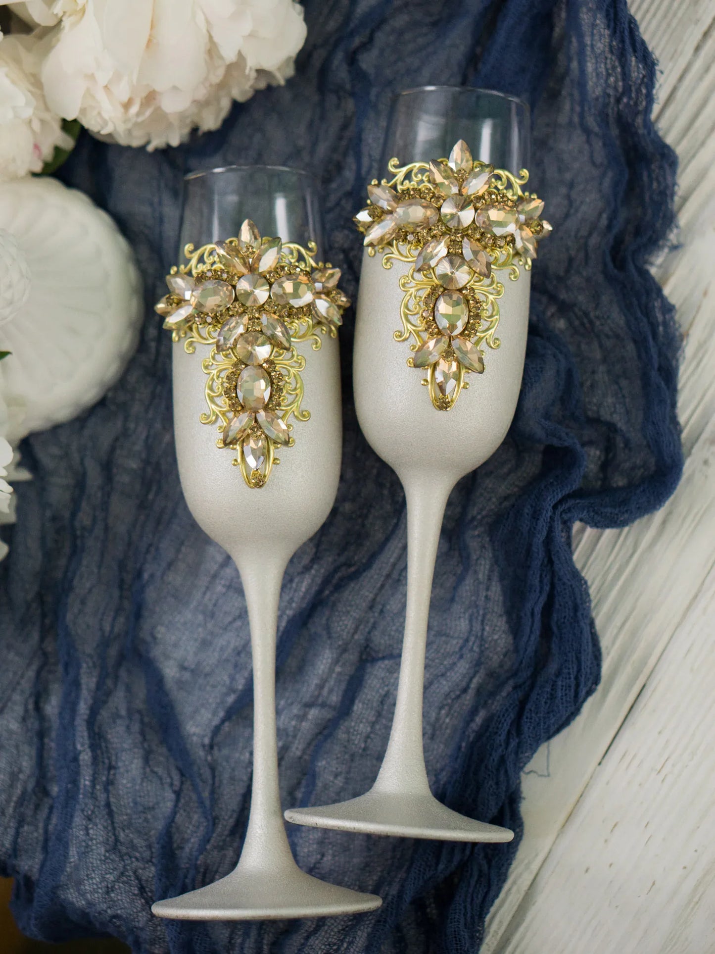 Engraved Gold and White Wedding Toasting Flutes | Gloria