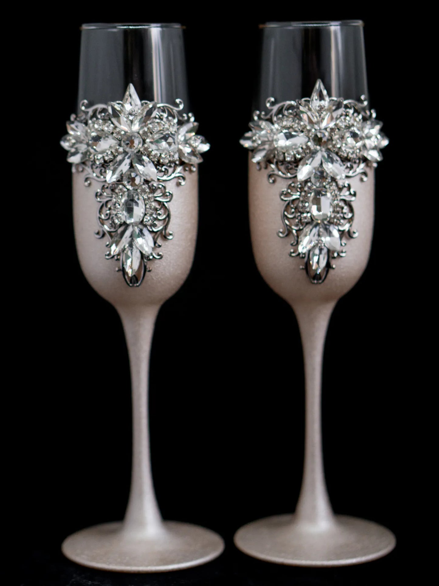 Silver and Ivory Personalized Crystals Mr. and Mrs. Champagne Flutes and Cake Serving Kit