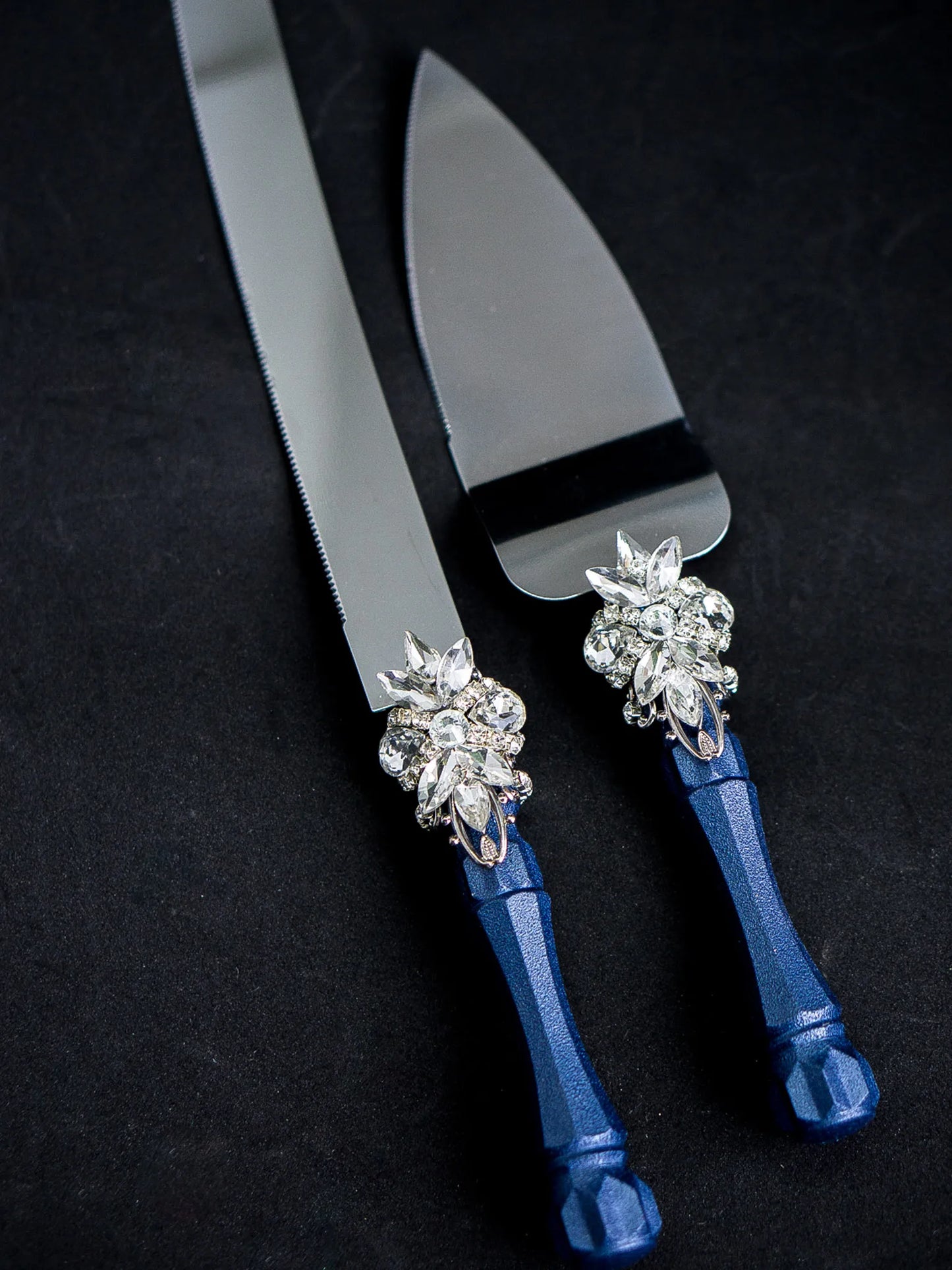 Gloria Navy Blue and Silver Personalized Cake Knife & Server Set