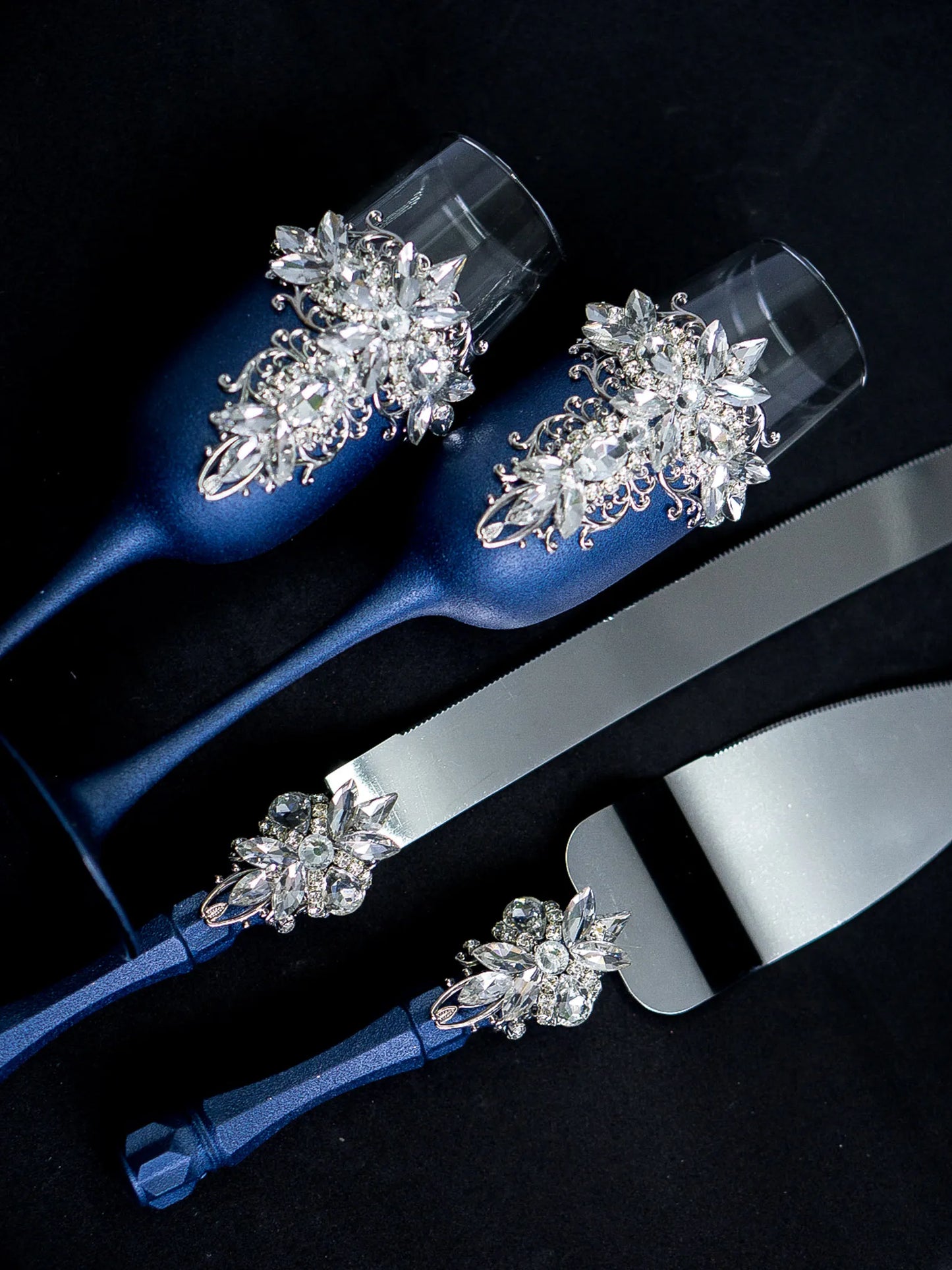 Silver and Navy Blue Personalized Crystals Monogrammed Wedding Toasting Glasses and Cake Knife Set